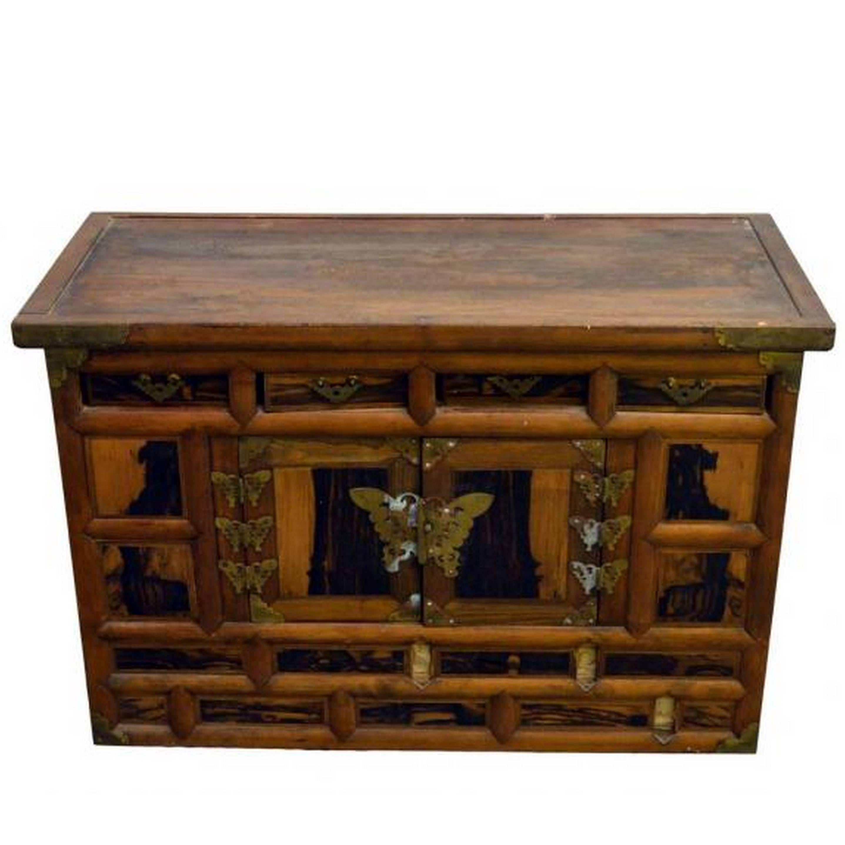 Antique Korean Chest with Butterfly Pattern Brass Hardware from the 19th Century For Sale