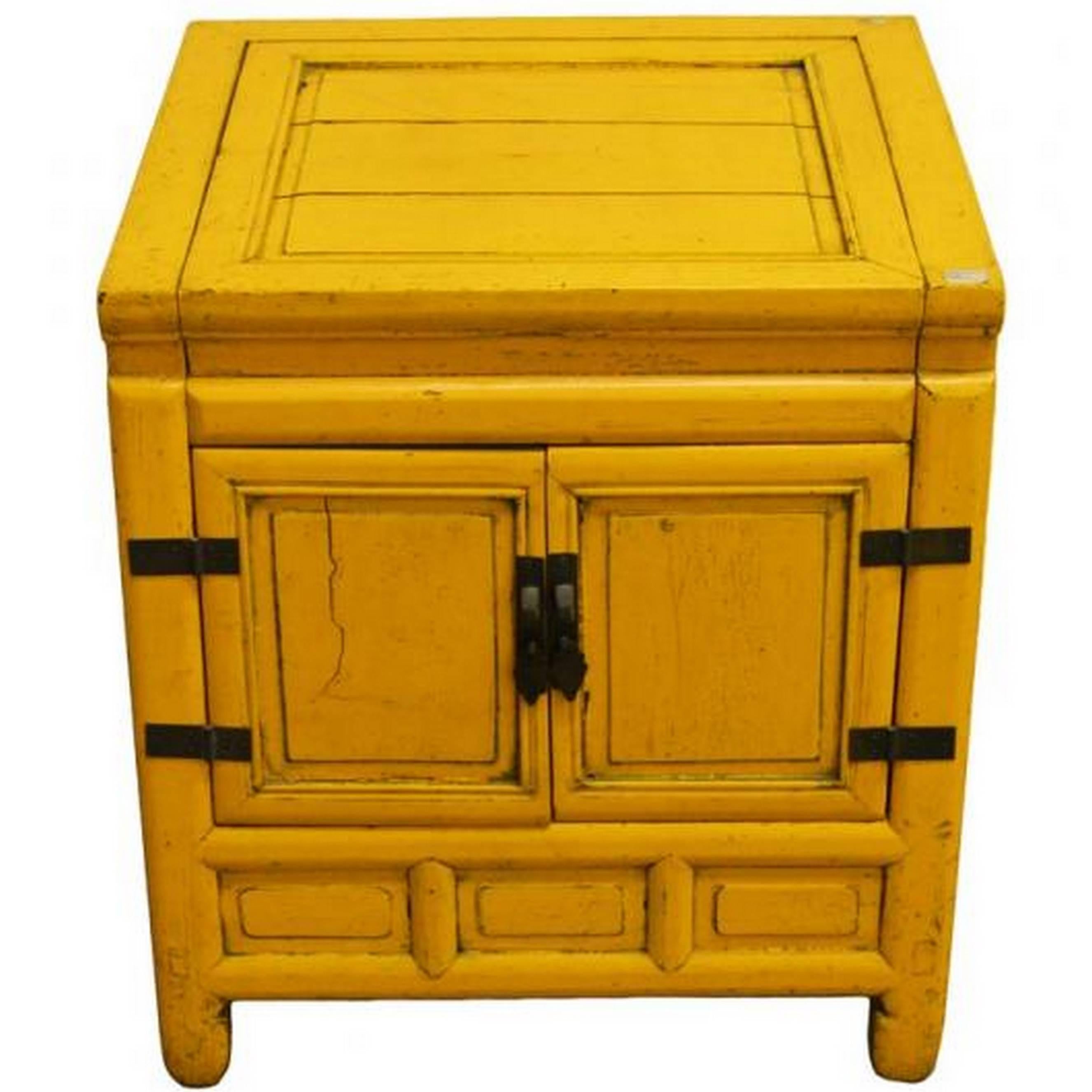 19th Century Chinese Yellow Lacquer Cabinet with Brass Hardware and Hinged Top