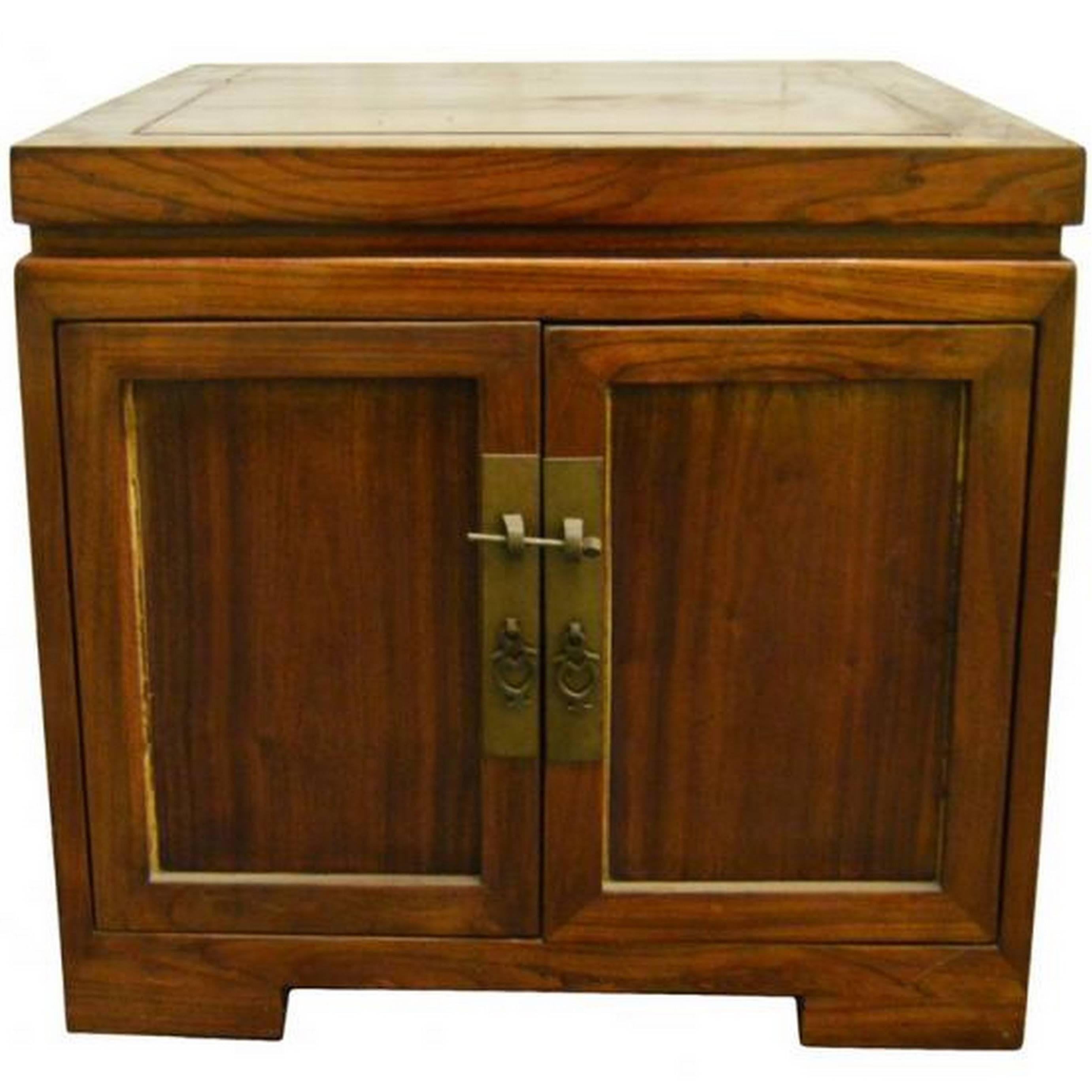 Antique Chinese Brown Lacquered Bedside Cabinet with Brass Hardware, circa 1900