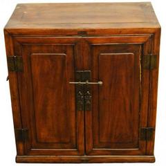 Antique Brown Lacquer Side Cabinet with Brass Hardware from China, 19th Century