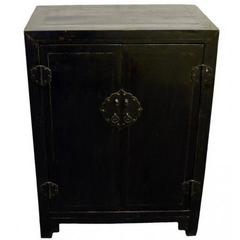 Antique Black Lacquer Side Cabinet with Brass Hardware from 19th Century China