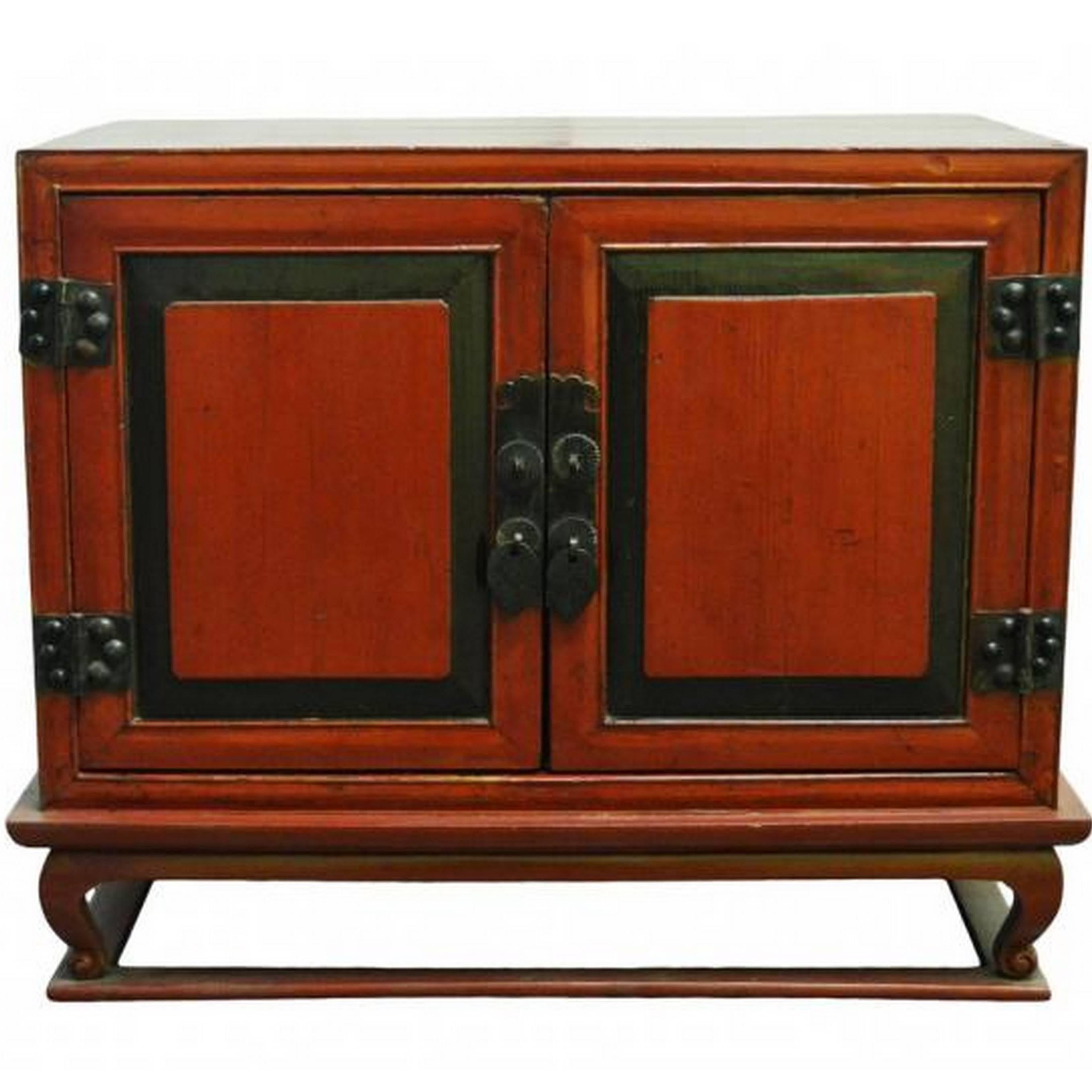 Antique Red Lacquer Bedside Cabinet with Hardware from Mid 19th Century China For Sale
