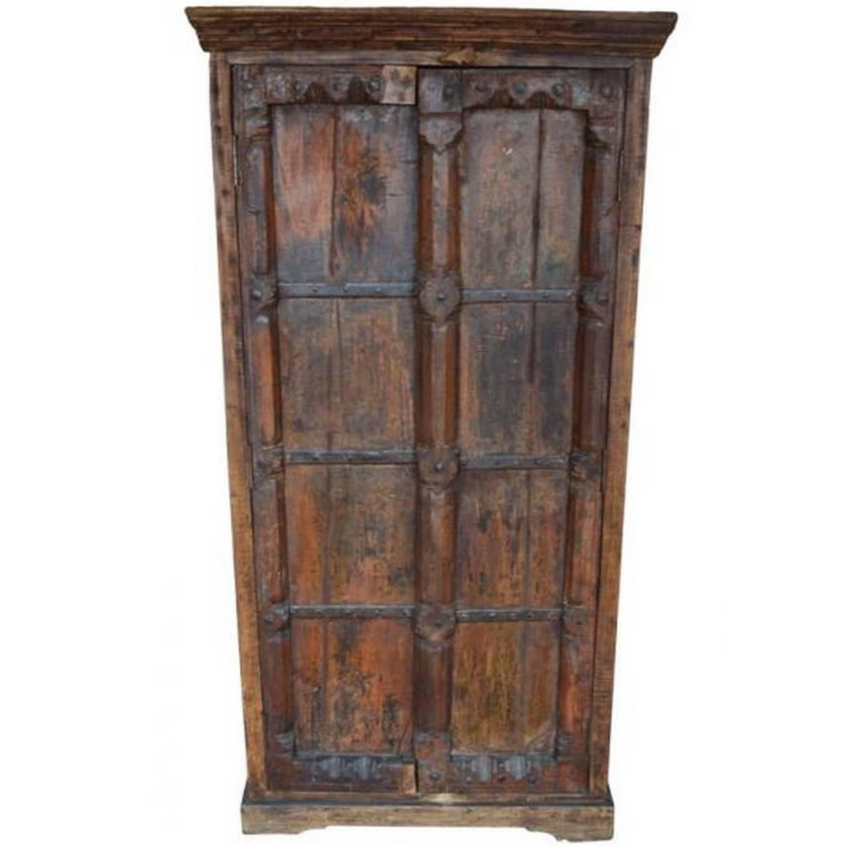 Indian Hand-Carved Wood Cabinet with Three Shelves with Floral Motifs
