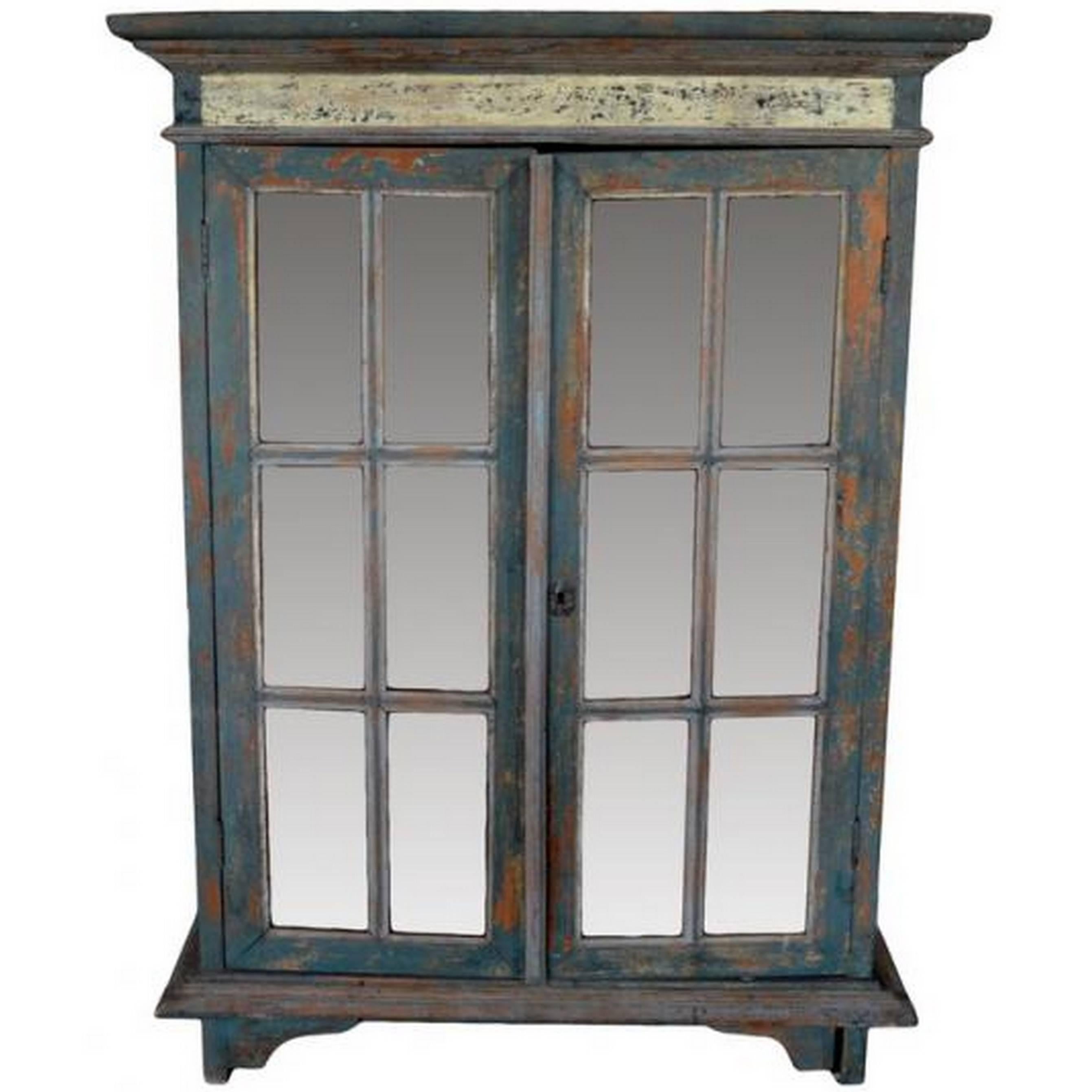 Rustic Hand Carved Goan Indian Cabinet with Glass Doors from the 19th Century For Sale