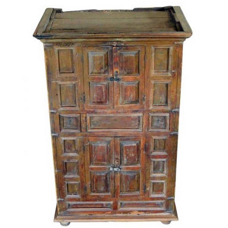 Rustic Indian Wood Cabinet With Five Hand Carved Doors Mid 19th Rustic Indian Wood Cabinet With Five Hand Carved Doors Mid 19th Century For