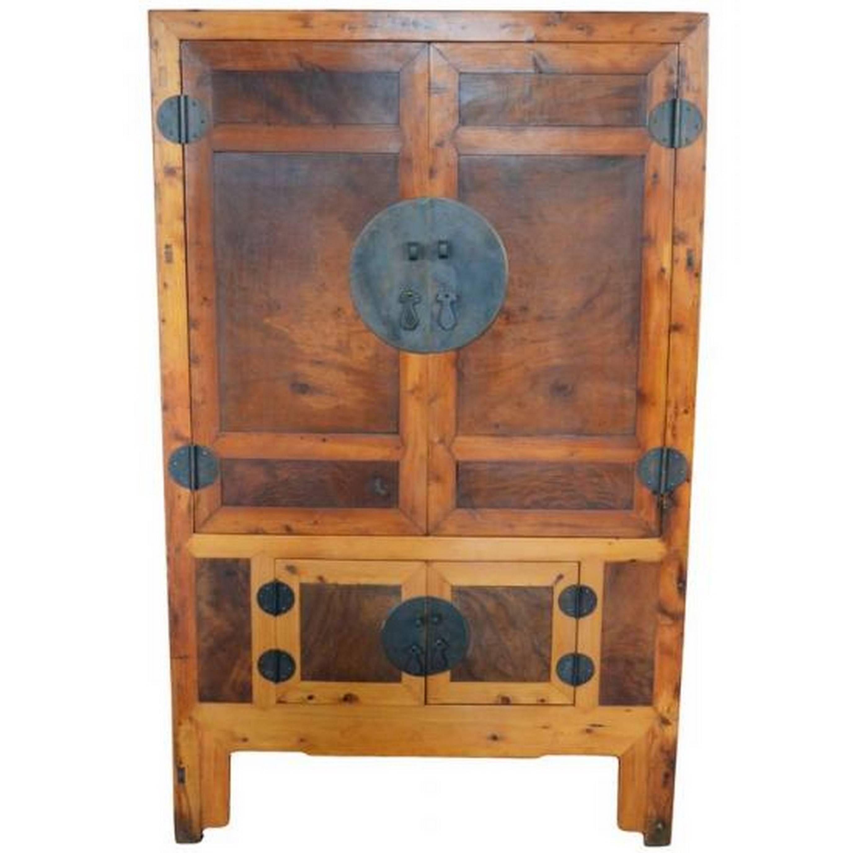 19th Century Chinese Antique Armoire with Burl Wood Panels and Brass Hardware For Sale