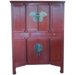 Antique Chinese Red Lacquer Butterfly Cabinet