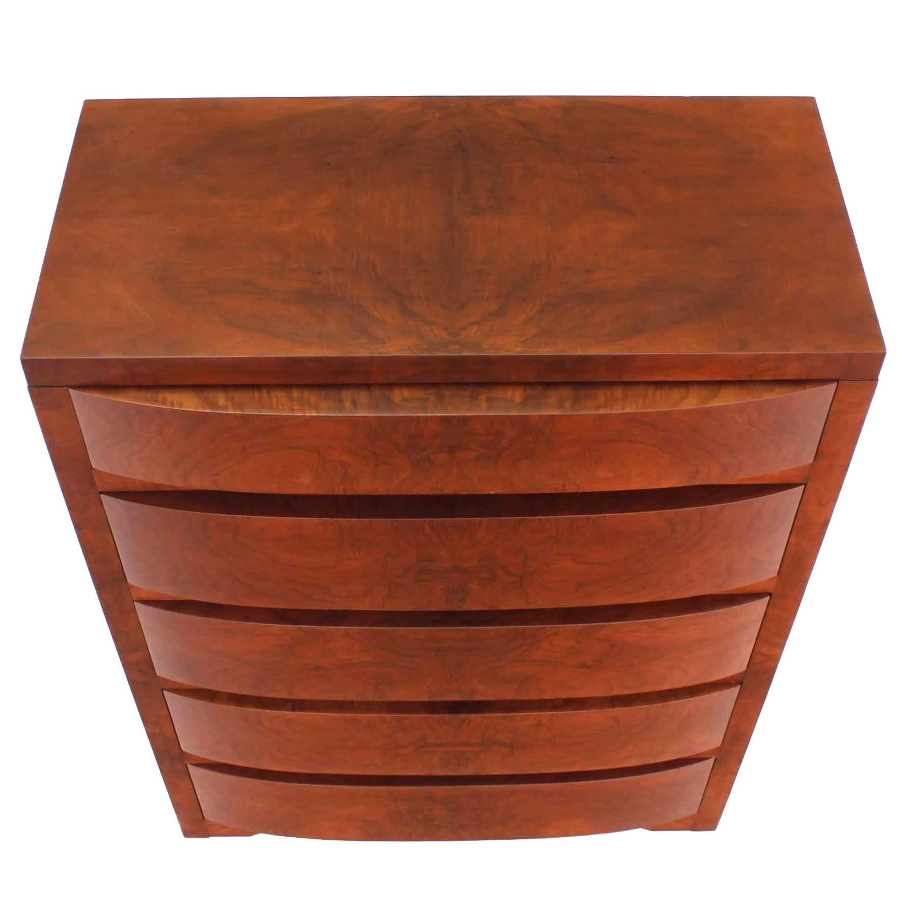 Concealed Mirror Art Deco Burl Wood High Chest Dresser Chest of Drawers. For Sale