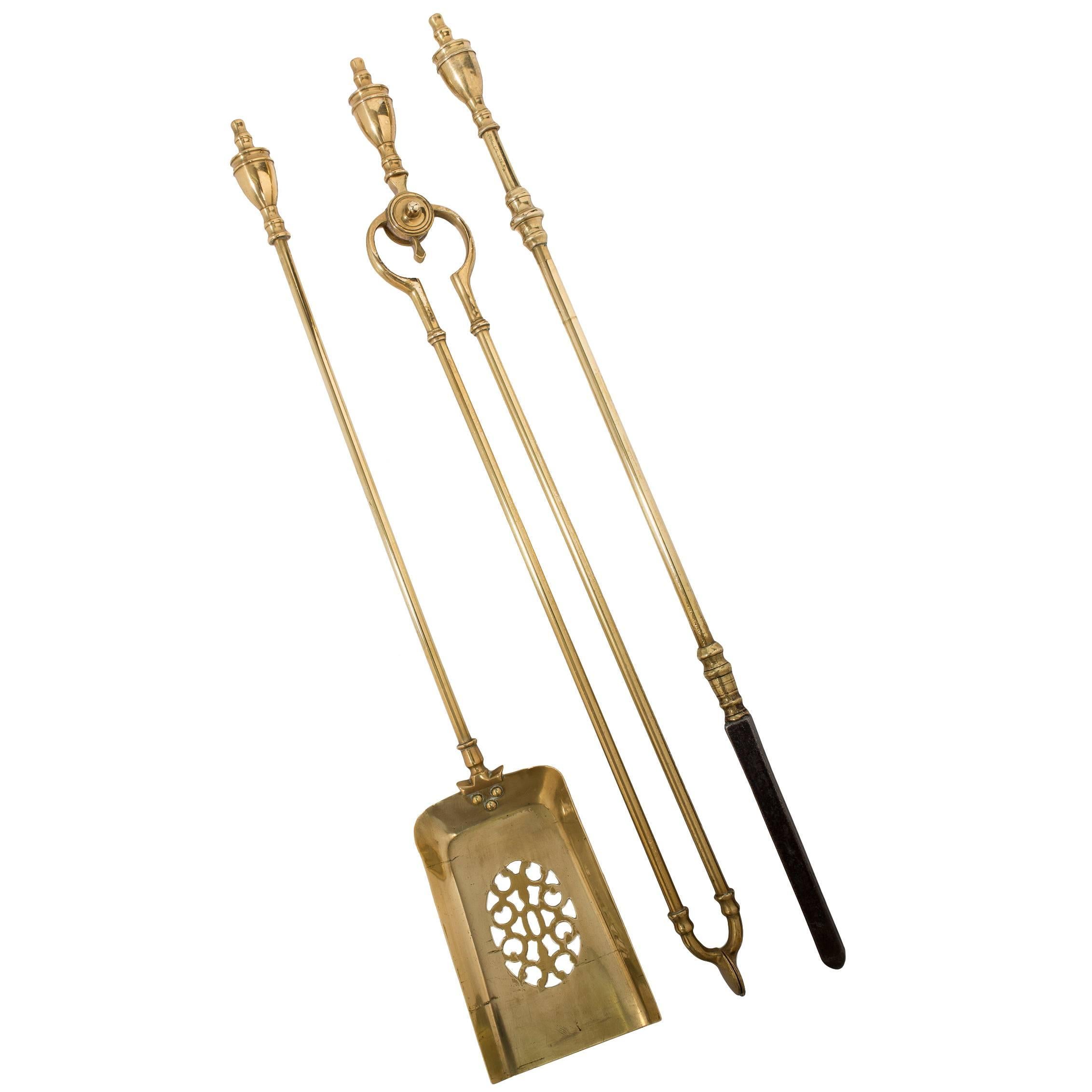 English Brass Fire Tool Set of Three 20th Century Shovel, Poker, Tongs For Sale