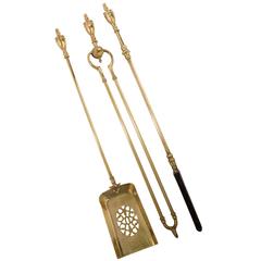 Antique English Brass Fire Tool Set of Three 20th Century Shovel, Poker, Tongs