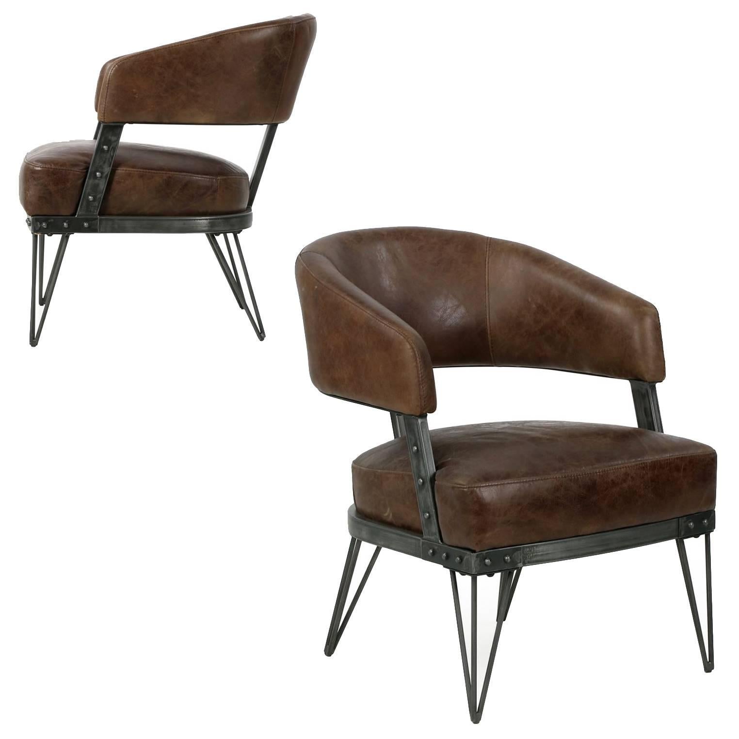 Modern Pair of French Industrial Style Leather and Patinated Steel Arm Chairs
