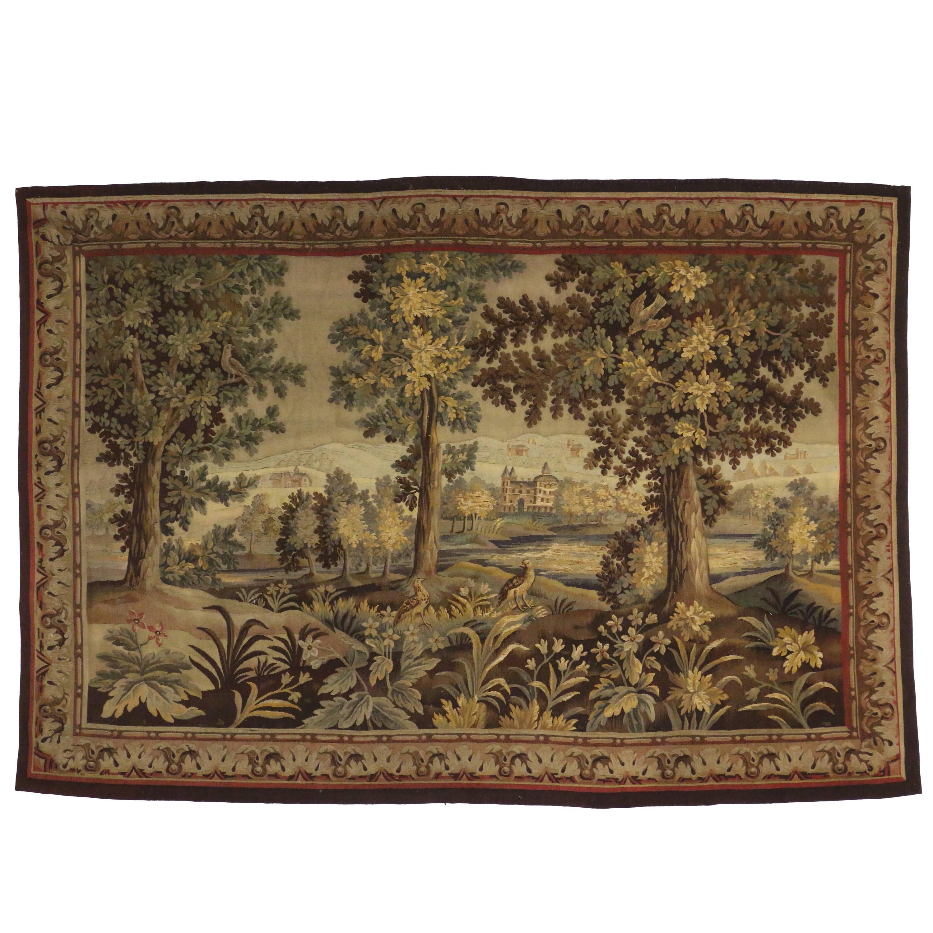 Late 19th Century Antique French Aubusson Verdure Garden Tapestry Wall Hanging