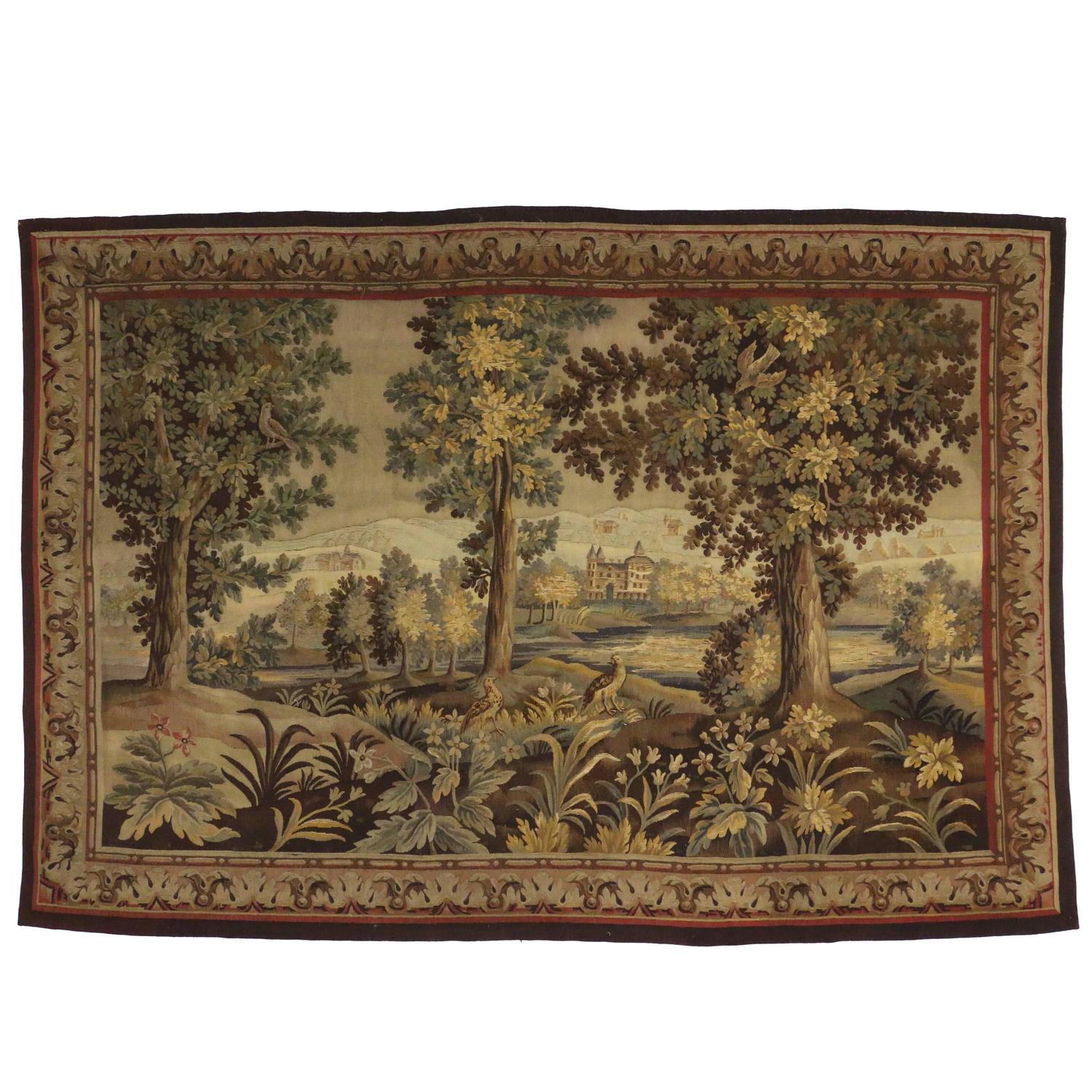 Late 19th Century Antique French Aubusson Verdure Garden Tapestry Wall