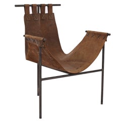 Retro Iron and Brown Saddle Leather Sling Chair by Arizona Architect Bill Tull 