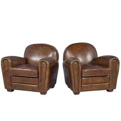 Pair of Distressed Brown Leather Art Deco Club Chairs