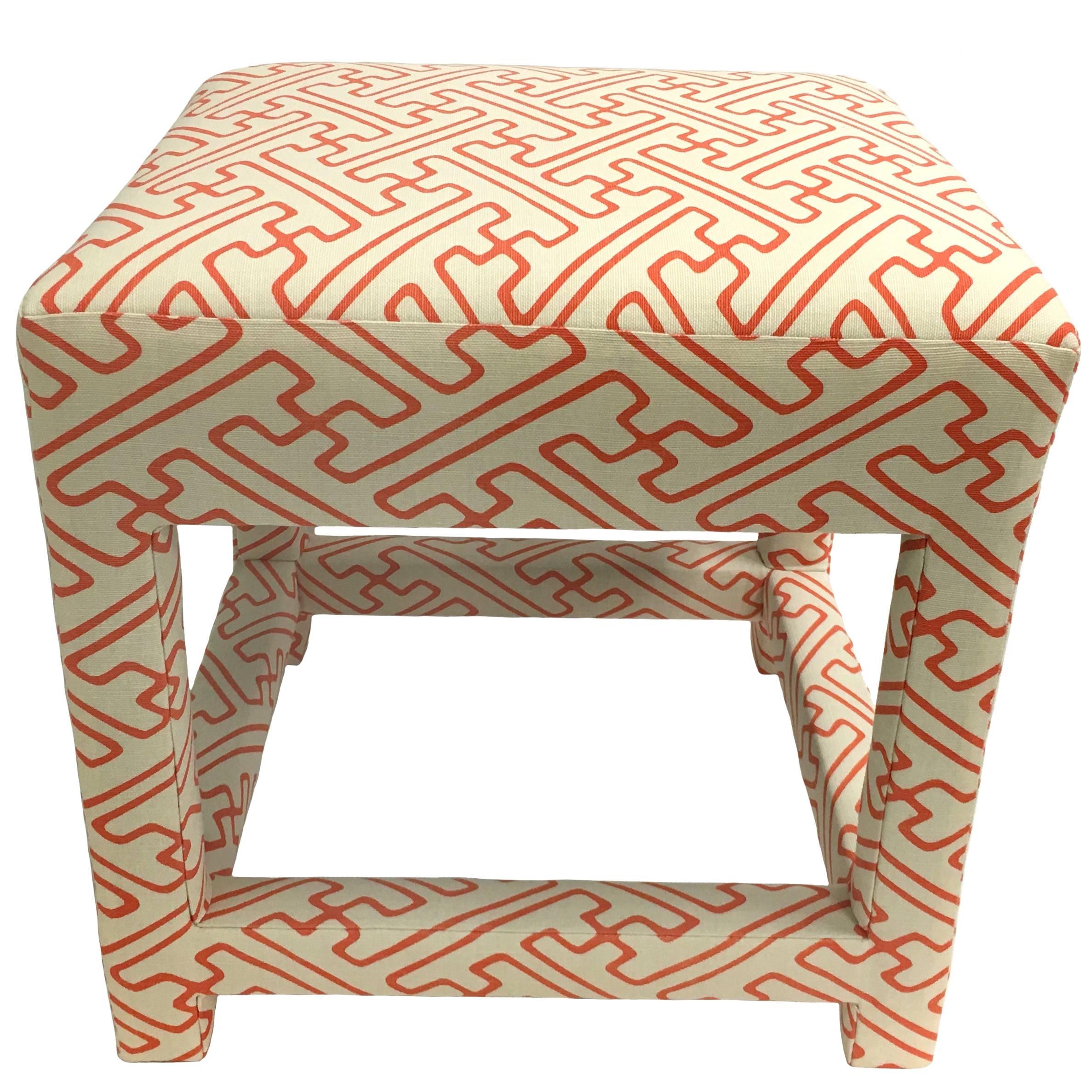 David Hicks Style Quadrille Upholstered Parsons Stool