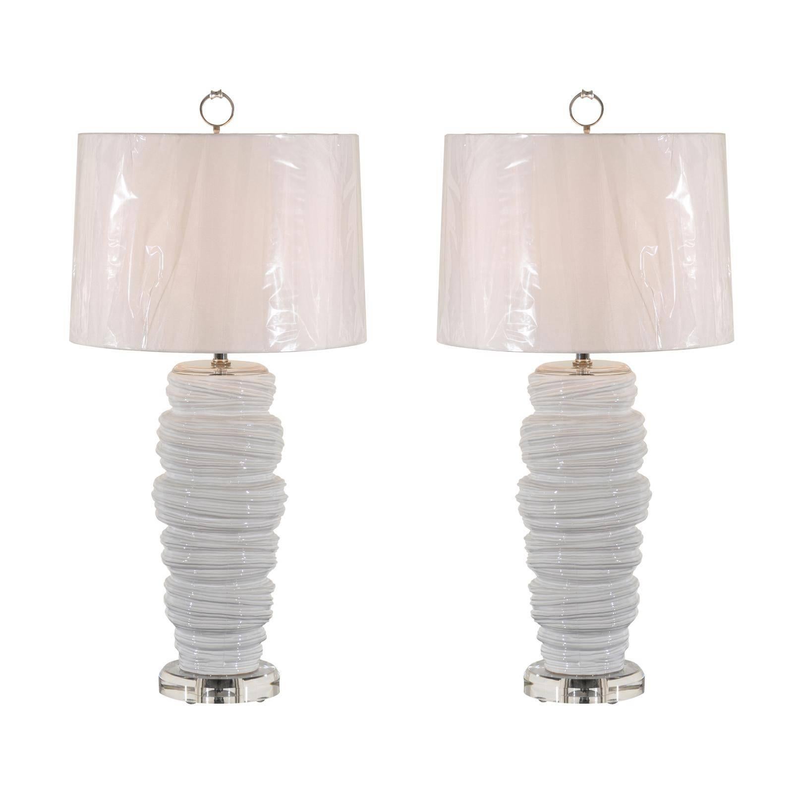 Gorgeous Pair of Ceramic and Lucite Soft Serve Style Lamps