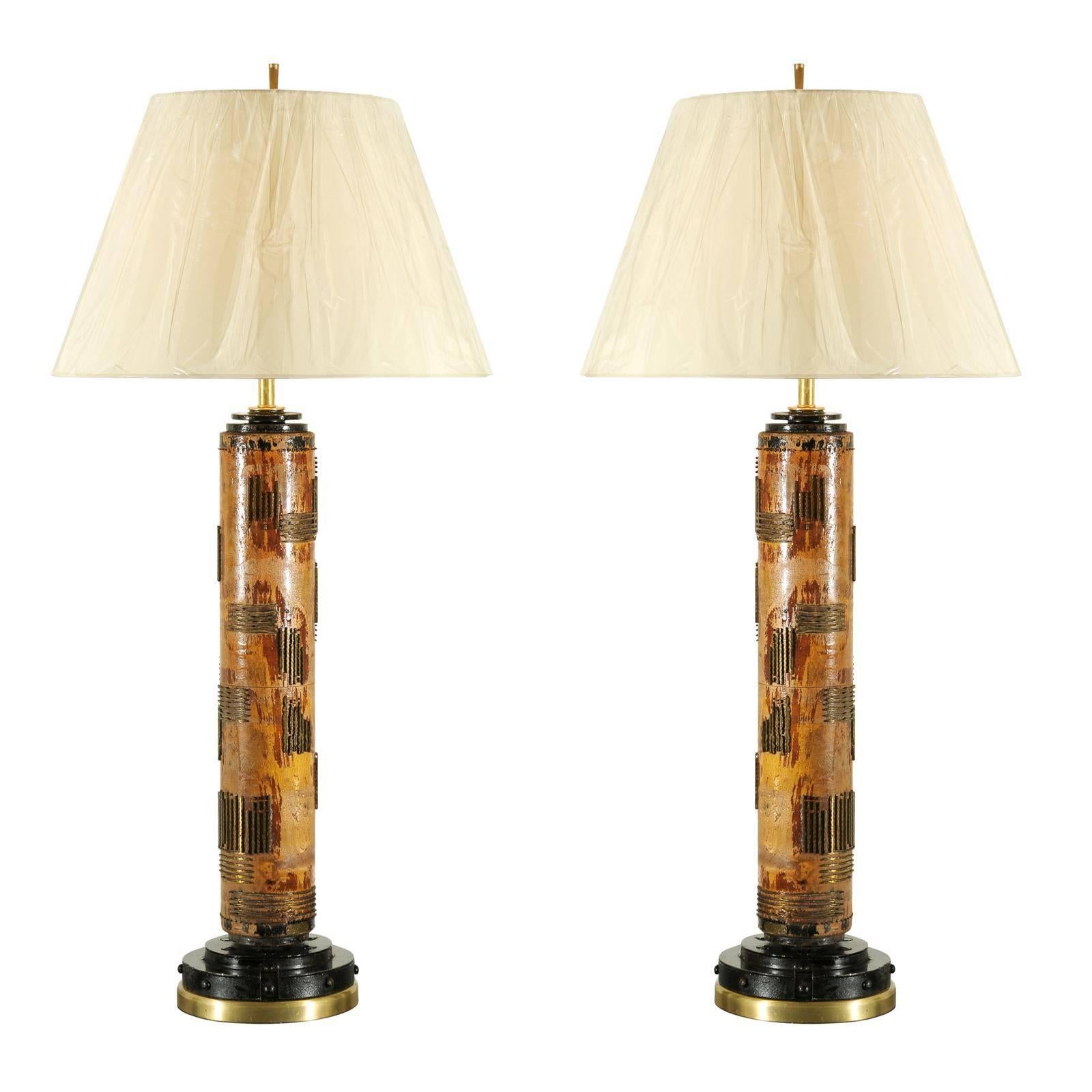 Exceptional Pair of Vintage Wallpaper Roller Lamps