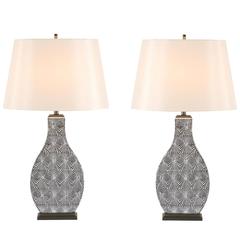 Restored Pair of Modern Ceramic Lamps in Charcoal and Cream 8