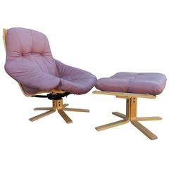 Van Den Berg Mauve Leather Lounge Chair and Ottoman
