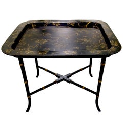 Antique English Chinoiserie Black & Gold Papier Mâché Tray Table