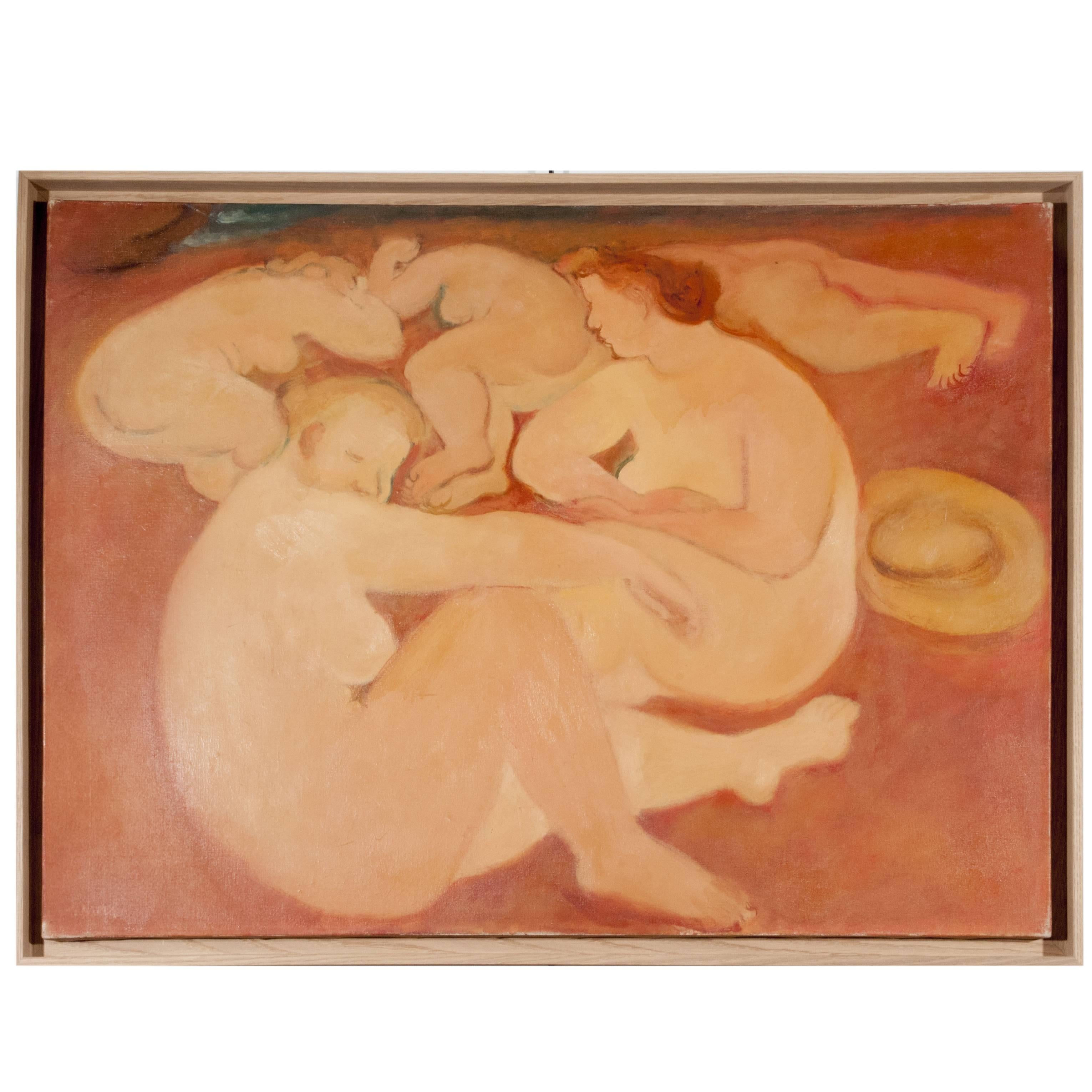 Peinture à l'huile sur toile de Maurice Savin, « Les Baigneuses », vers 1940