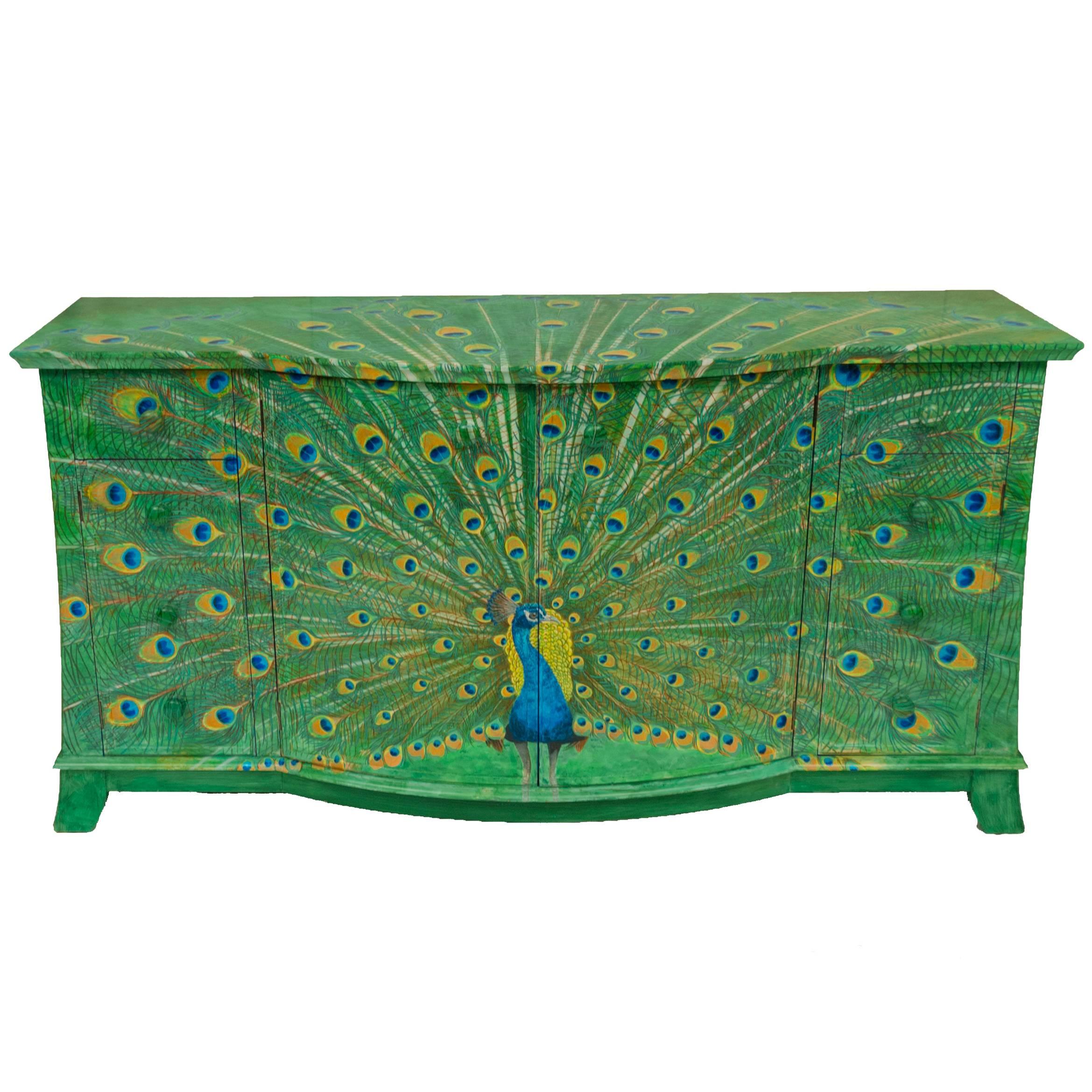 Lacquered Peacock Sideboard Hand-Painted by Kensa Designs For Sale