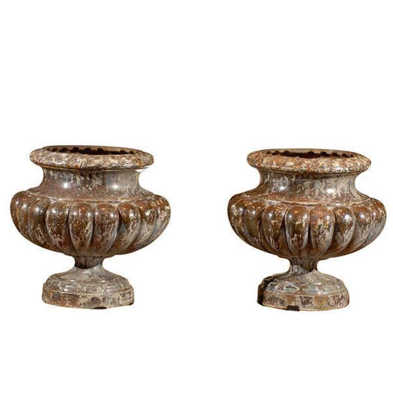 Pair of French Mid 19th Century Alfred Corneau Marbleized Iron Urns For Sale