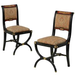 Pair of Napoleon III Ebonized Antique Side Chairs with Paisley Covering