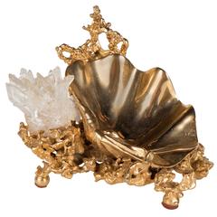 Gilded Bronze Shell and Coral Sculpture with Crystal Specimen by Claude Boeltz
