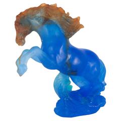 Daum Pate De Verre Art Glass Stallion in Royal Blue with Crimson and Green Hues