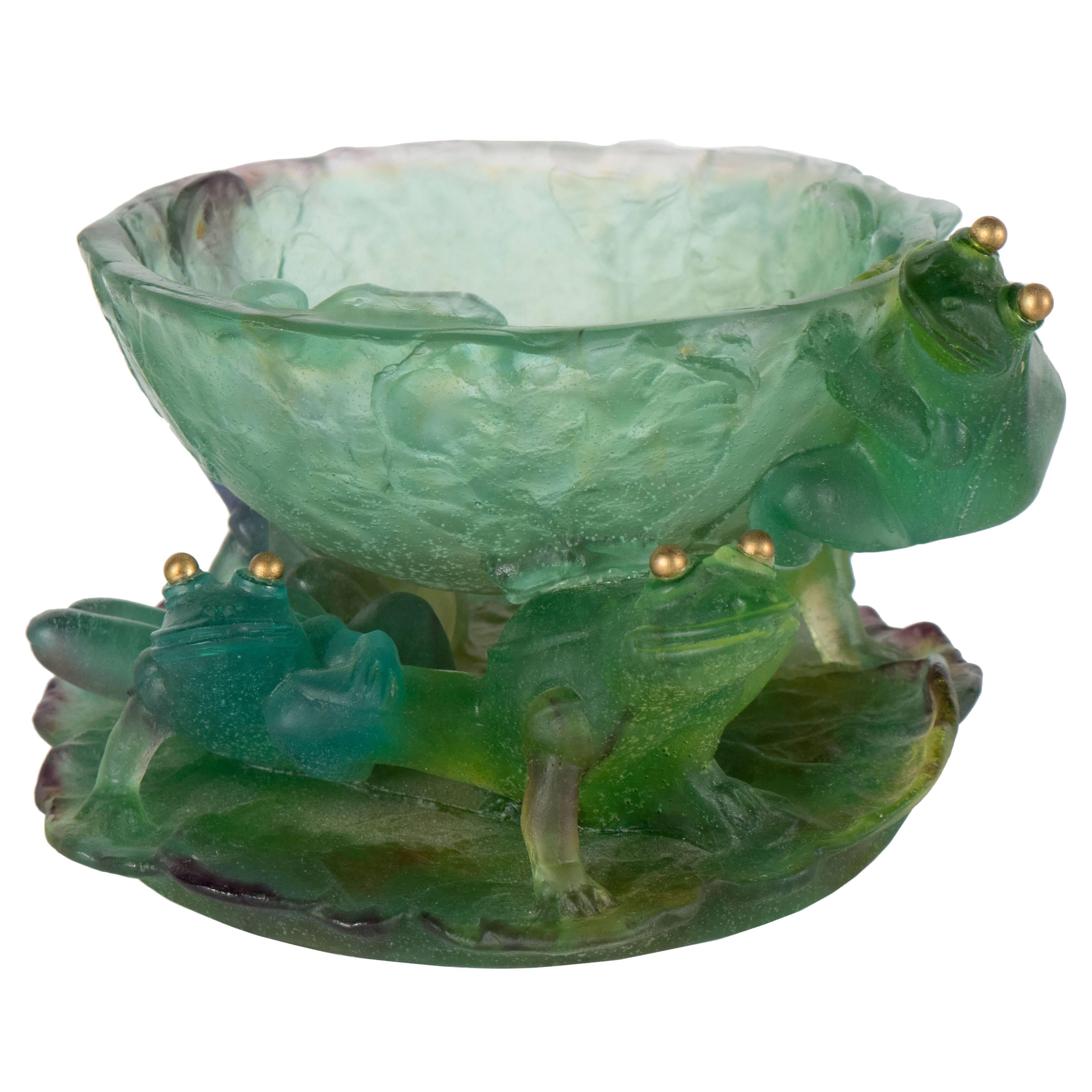 Bol à pieds « Les Grenouilles » en verre d'art Pate de Verre de Daum