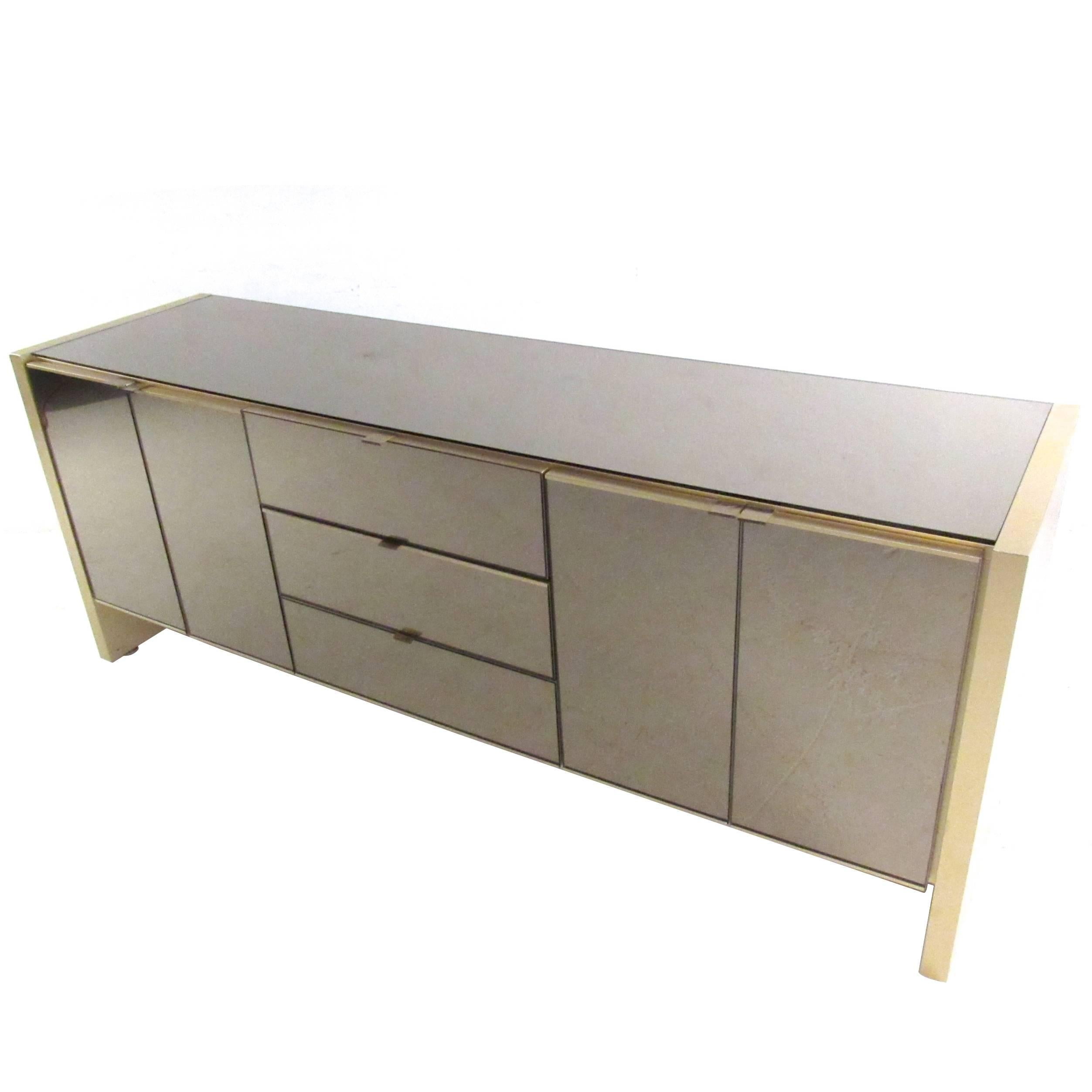 Exquisite Mid-Century Server in Brass and Bronze Mirror by Ello