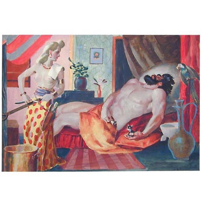 "Samson and Delilah" in 1940s America, Art Deco Painting For Sale