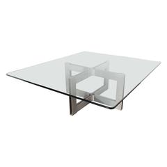 Mid-Century Modernist Industrial Steel X-Base Cocktail Table with Glass Top 4