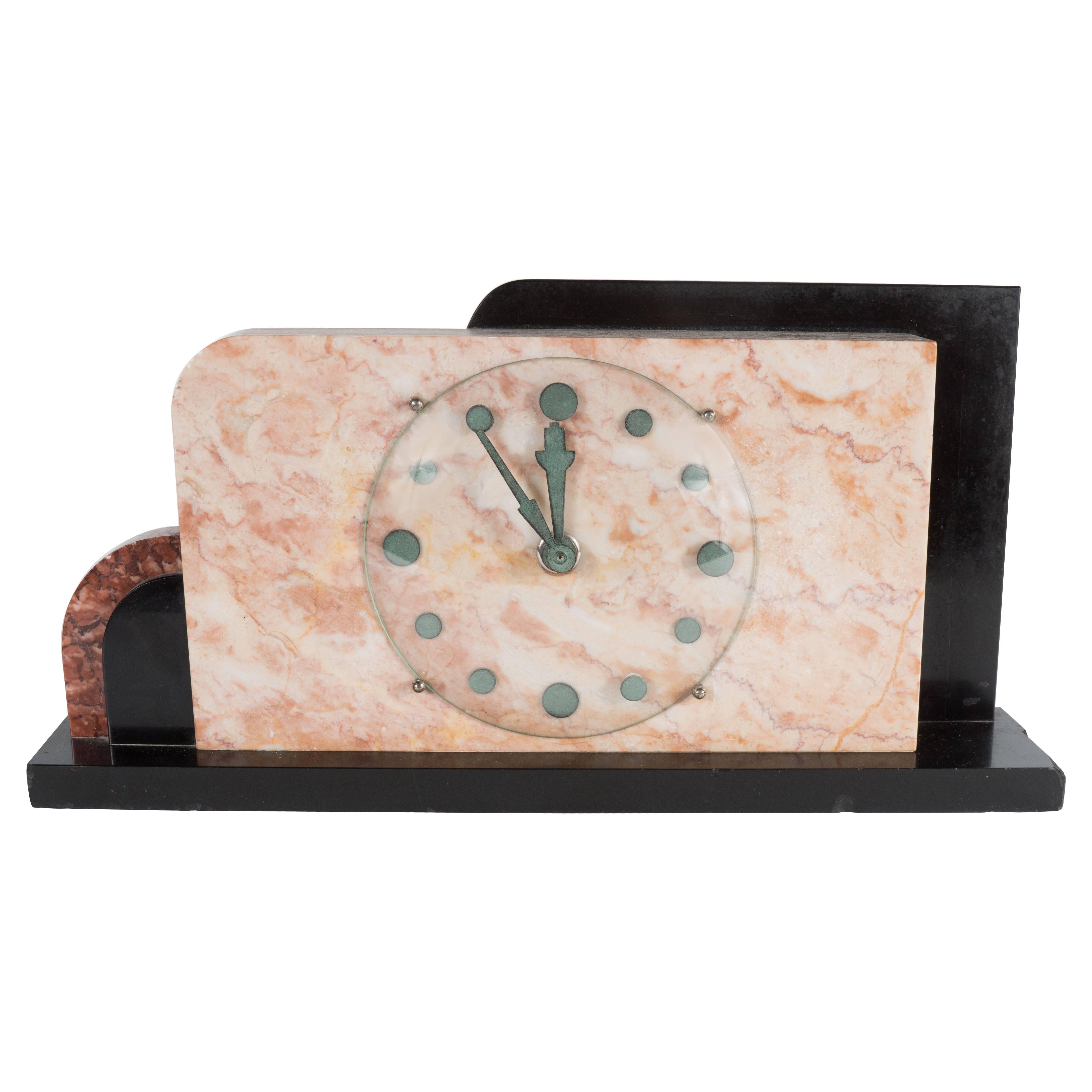 French Art Deco Streamline Exotic Pink, Black and Red Marble Table Clock