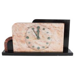 Vintage French Art Deco Streamline Exotic Pink, Black and Red Marble Table Clock