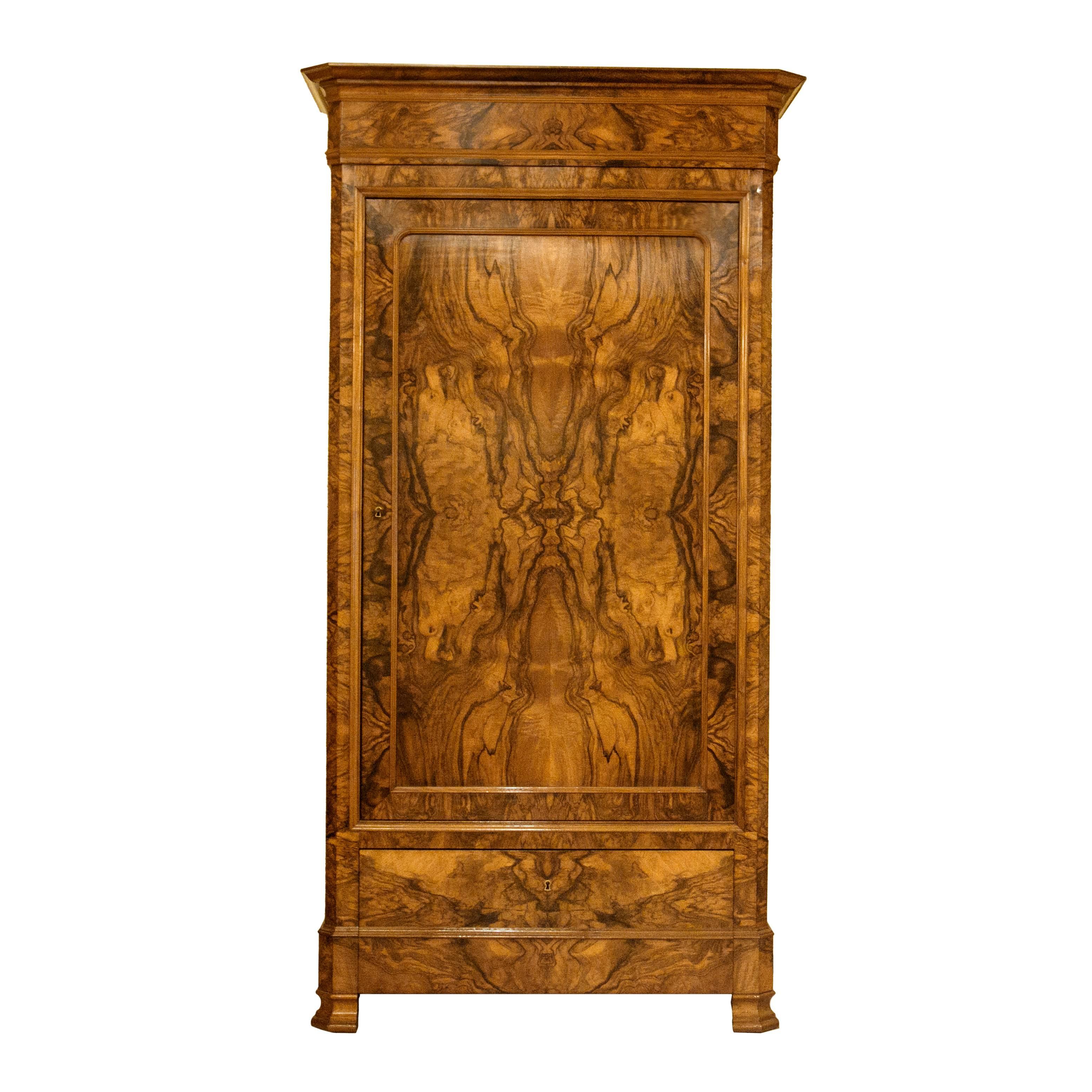 Period Louis Philippe Bonnetiere or Armoire of Bookmatched Burl Walnut