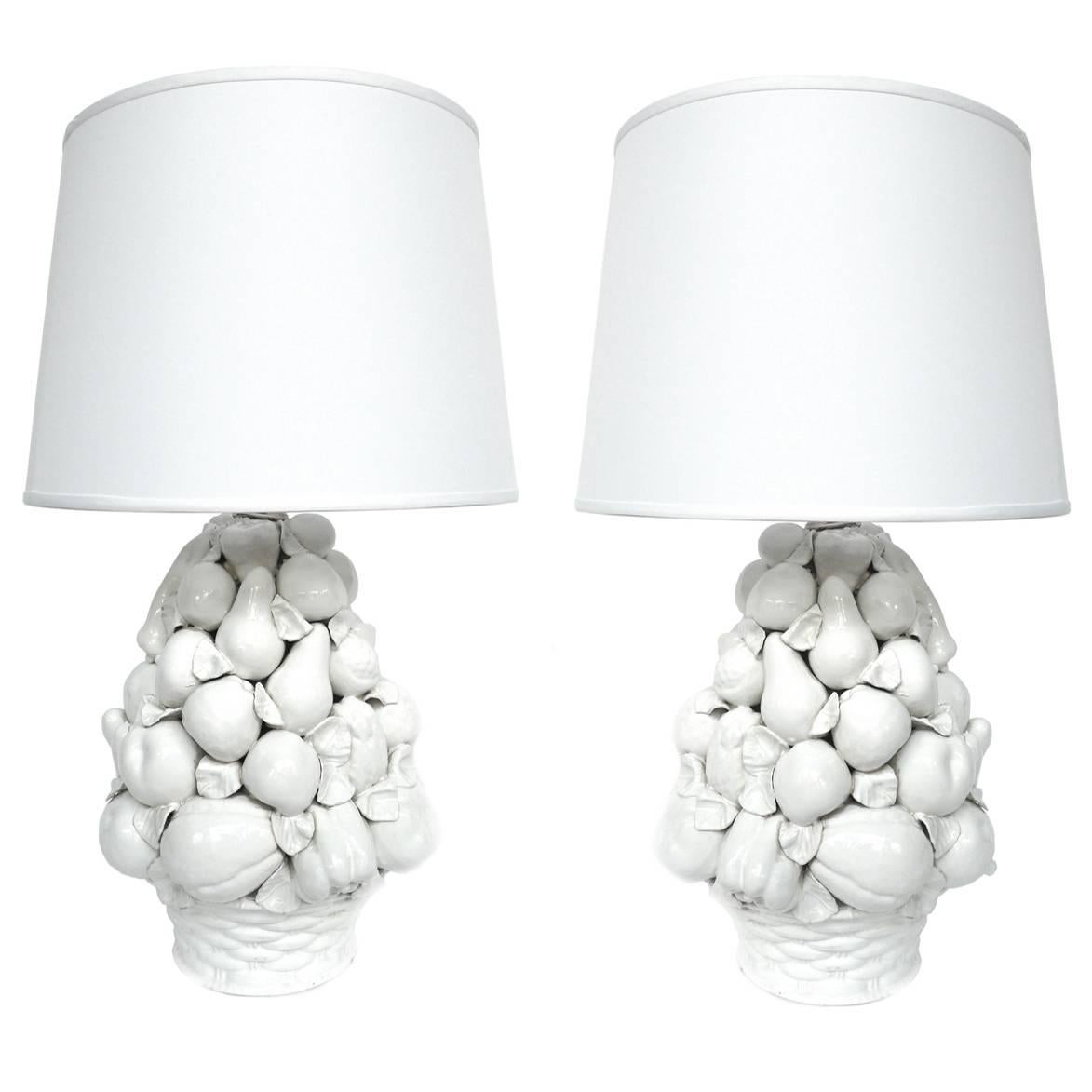 Pair of 1970s White Ceramic Fruit Basket Table Lamps