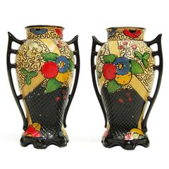 1920s Art Deco Oriental Hand-Painted Ceramic Embosa Vases 7