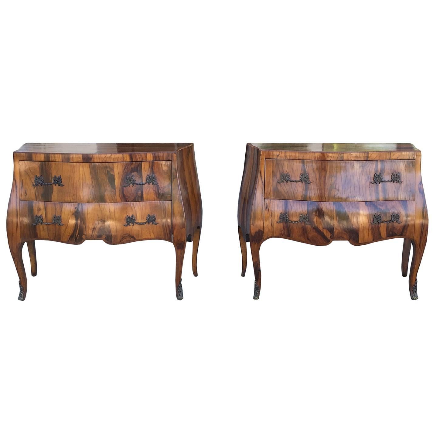Pair of Midcentury Italian Burled Wood Two-Drawer Commodes