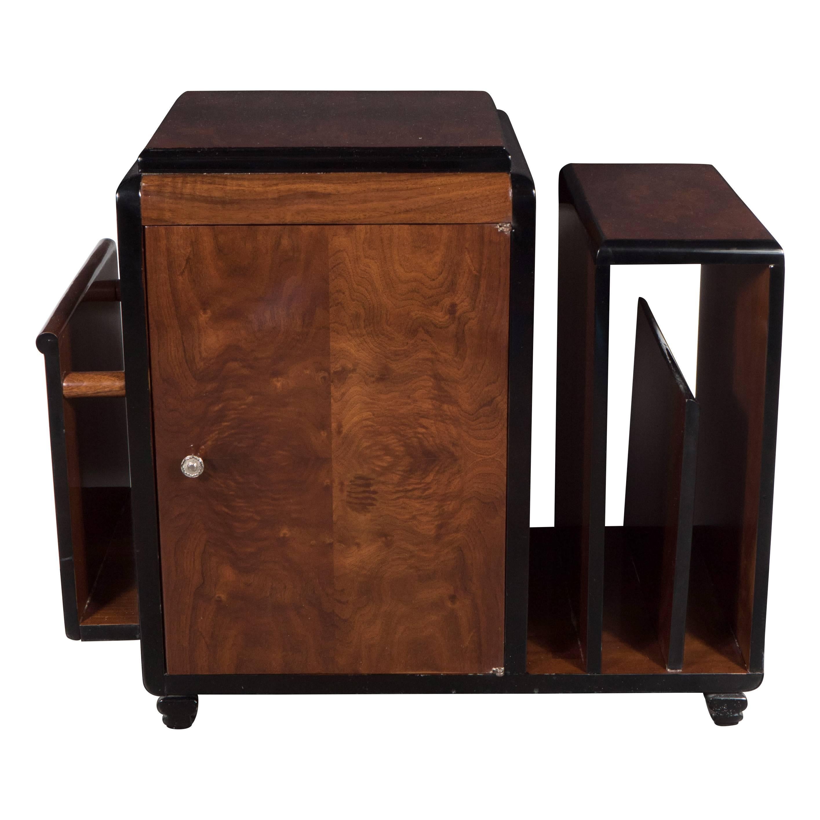 Art Deco Skyscraper Style Bookmatched Burled Walnut Magazine Stand/End Table