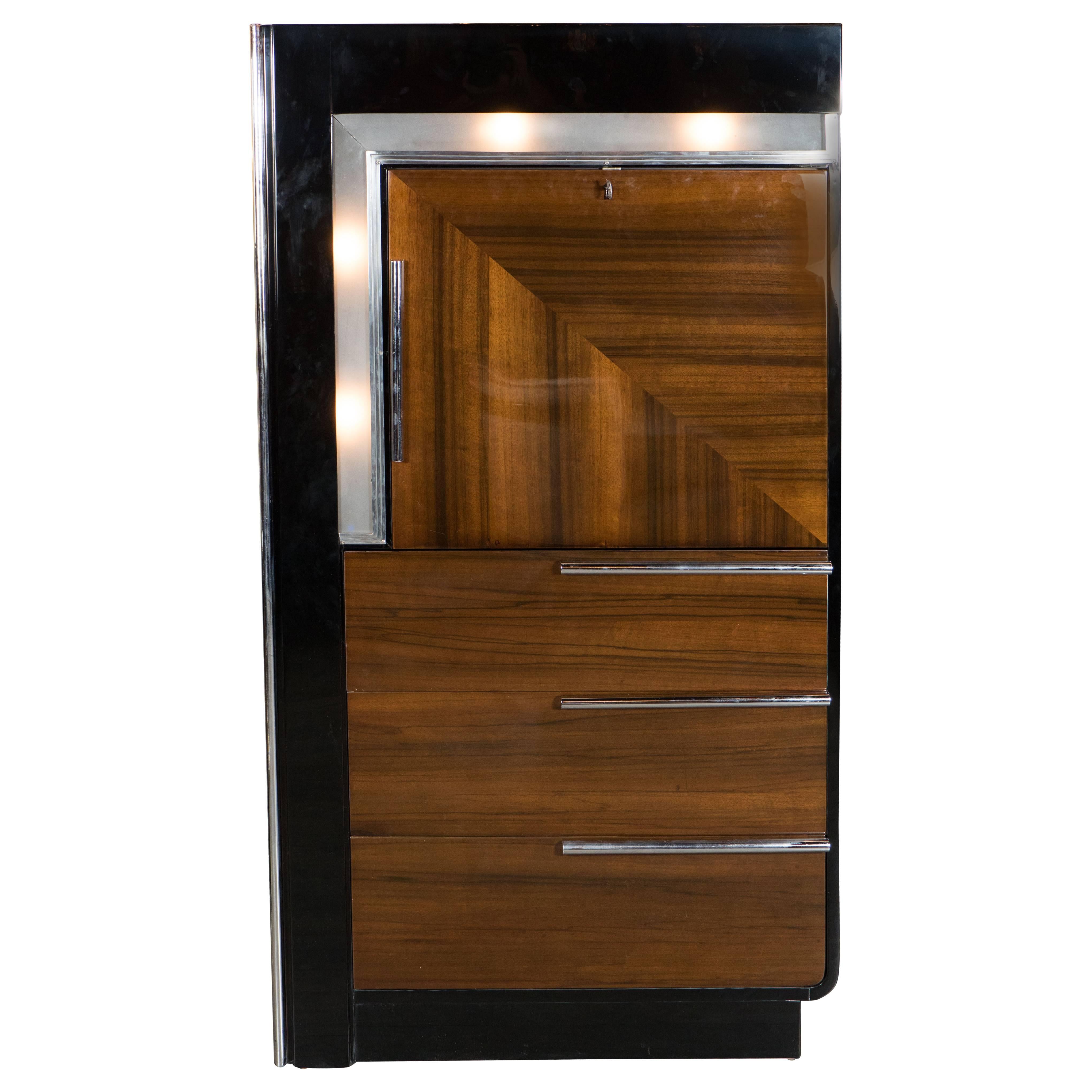 Art Deco Bar Cabinet in Walnut and Black Lacquer in the Manner of Donald Deskey