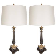 Pair of Neoclassical Colonnade Table Lamps in Bronze with Brass Detailing