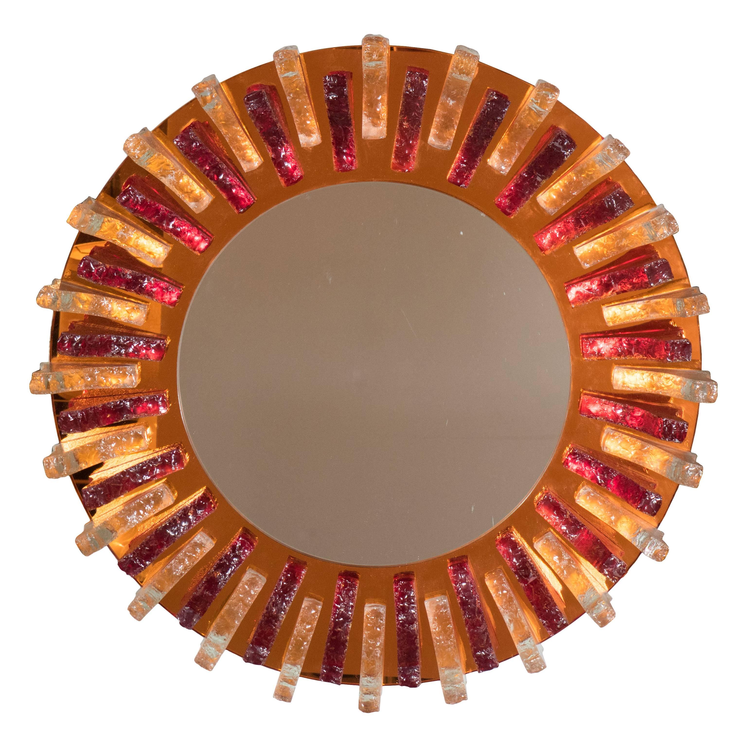 Mid-Century Modernist Resin Mirror with Garnet, Clear Appliques and Amber Border