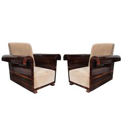 Exceptional French Art Deco Machine Age Macassar Club Chairs in a Velvet Mohair