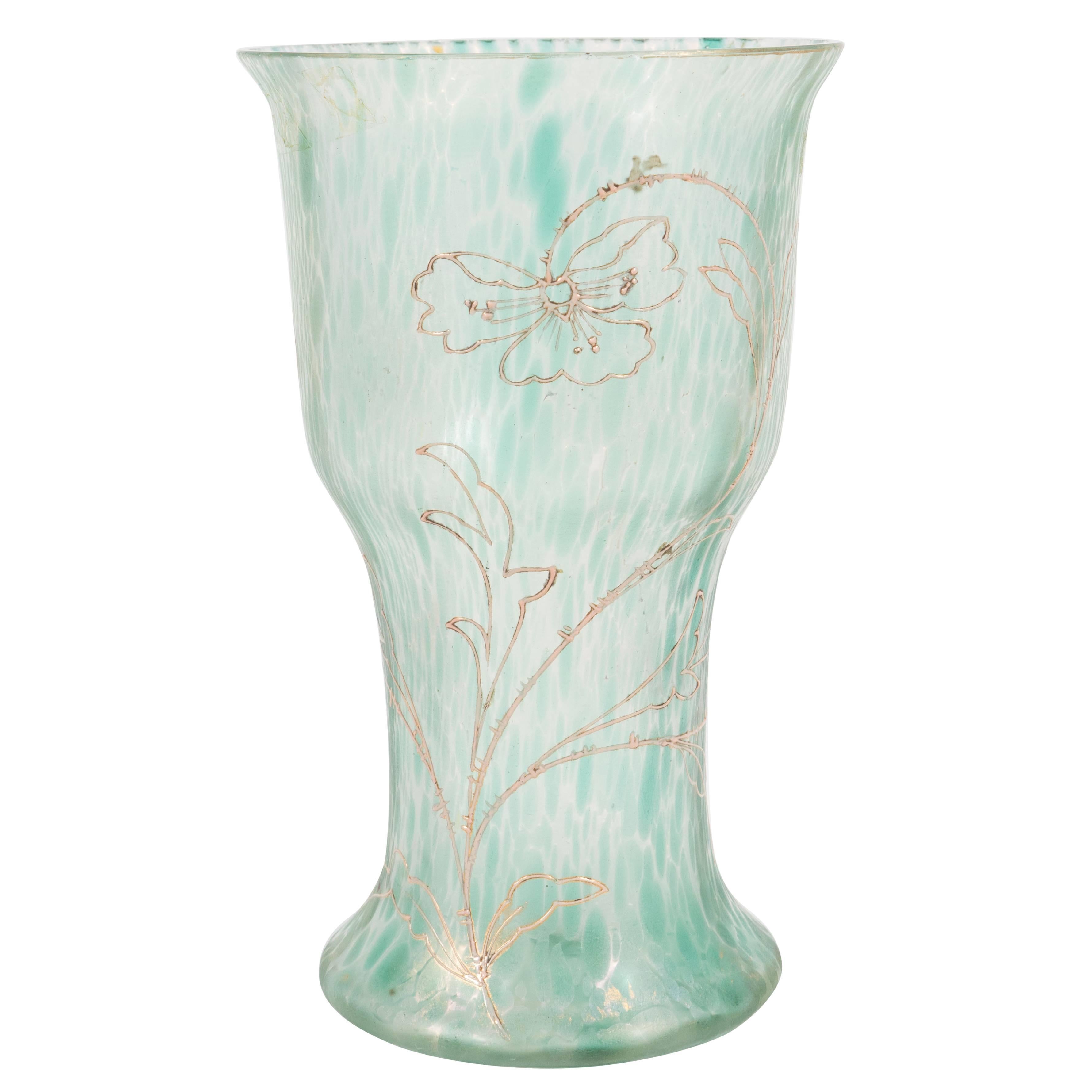 Art Nouveau Austrian Art Glass Vase in Green Iridescent and Gold Relief Vine