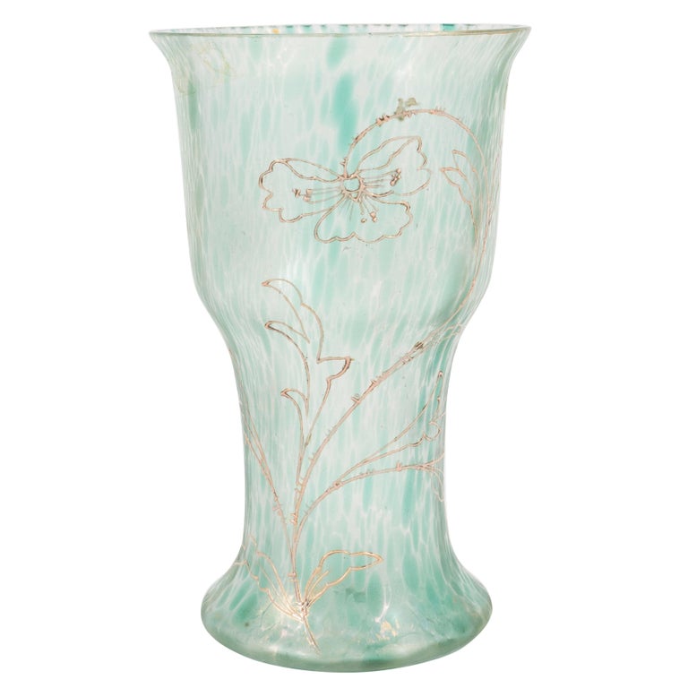 Art Nouveau Austrian Art Glass Vase in Green Iridescent and Gold Relief Vine For Sale