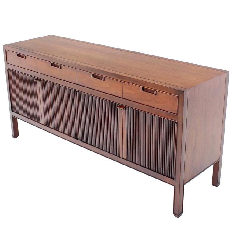 Mid Century Modern Walnut Long Credenza Dresser Fluted Panels Doors