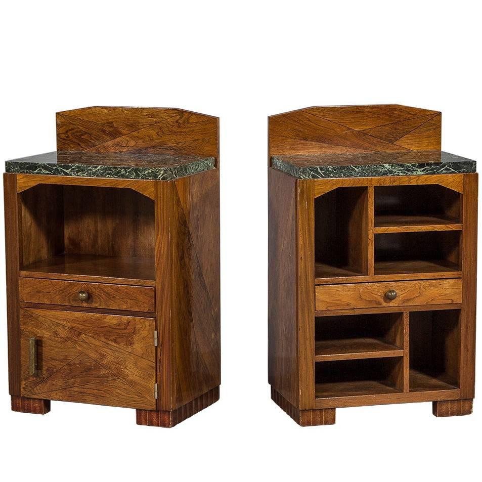 Pair of Asymmetrical Art Deco Night Tables with Marble Tops